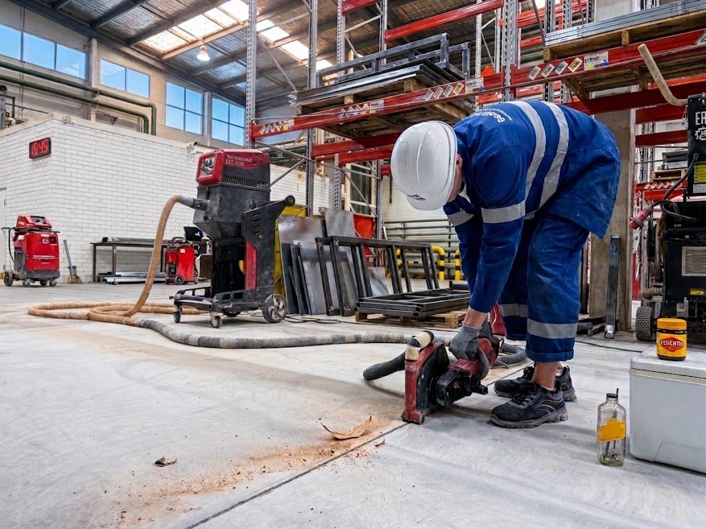 A SealTech Industries worker prepares a concrete expansion joint inside a commercial warehouse using specialised grinding and dust-extraction equipment. The surrounding pallets, stacked boxes, and industrial racking reflect a live warehouse environment where careful joint preparation is essential for achieving a clean, durable, and professional finish.